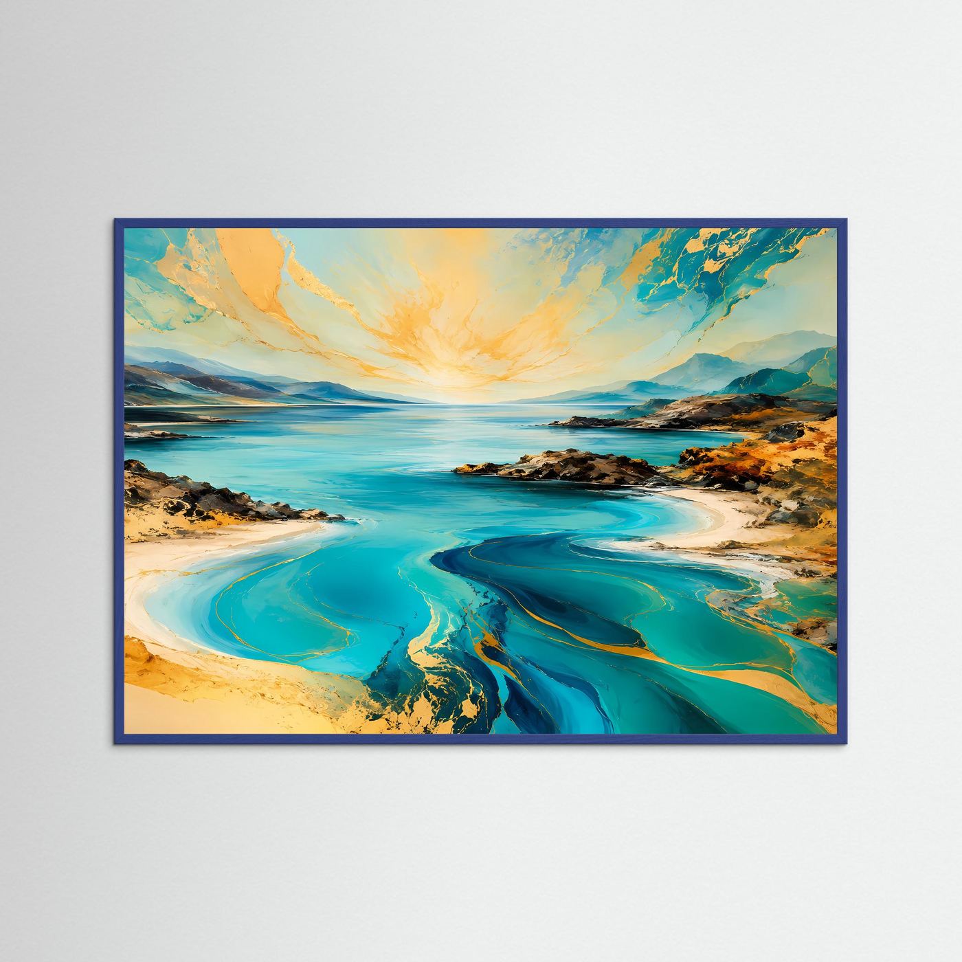 Abstrakte Küstenlandschaft Poster | Türkis Gold Meer Wandbild | Moderne Landschaftskunst mit Marmor-Effekt