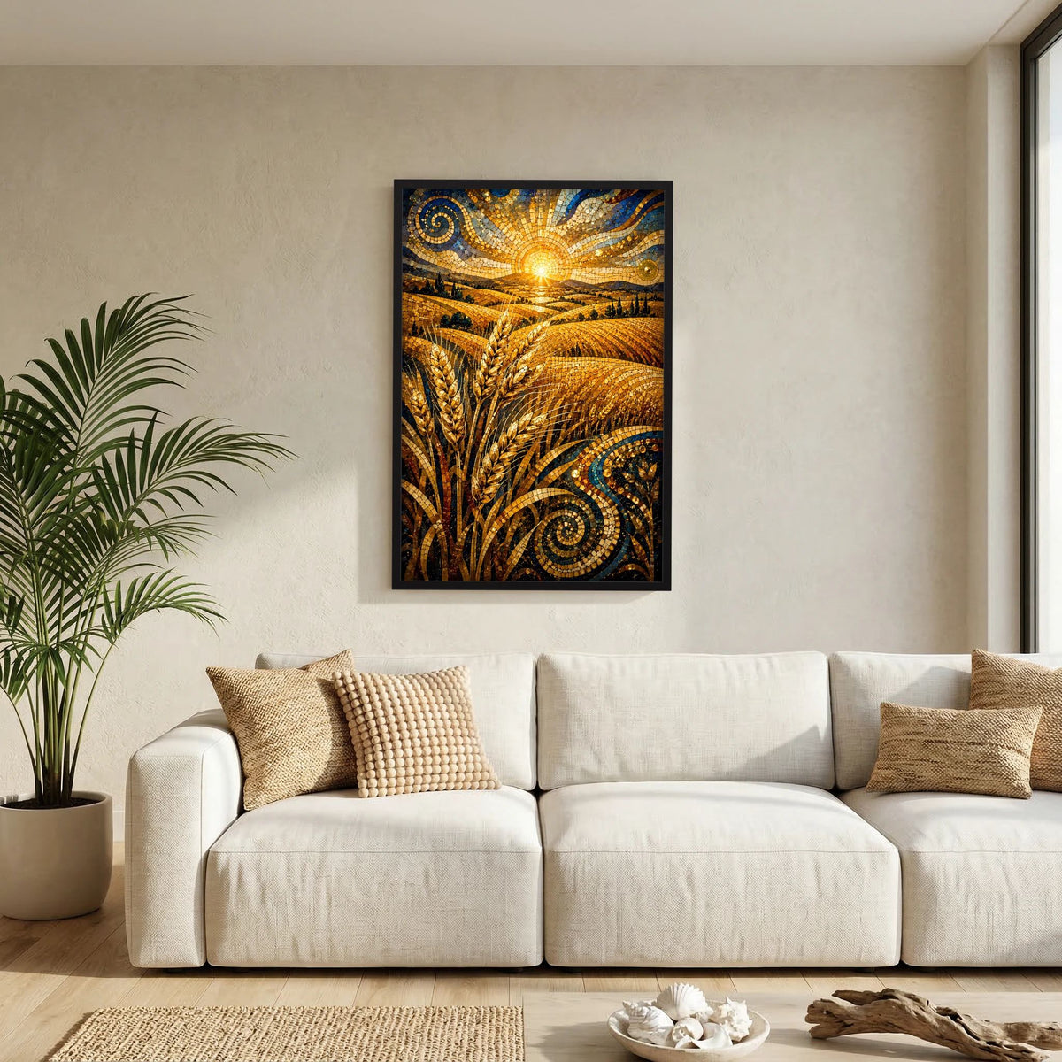 Hochformat-Poster zeigt Ährenfelder im Mosaikstil mit Sonnenstrahl, schwarzer Rahmen