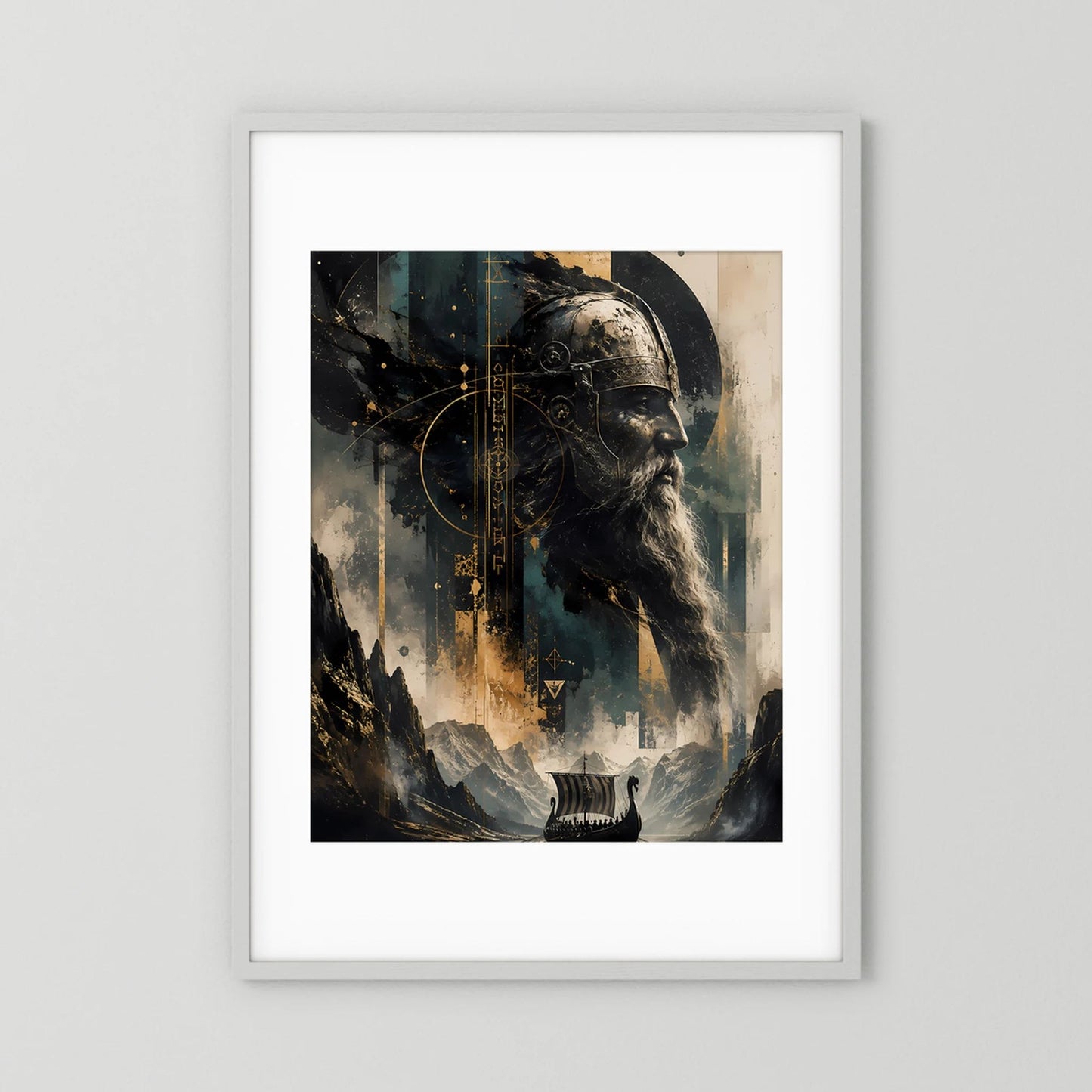 Hochformat-Poster mit nordischem Krieger und Langschiff im weißen Rahmen