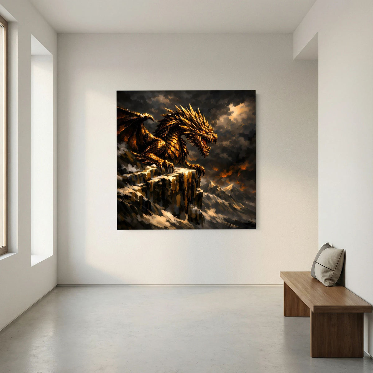 Keilrahmen-Wandbild mit goldenem Drachen auf Felsklippe, dramatischer Himmel