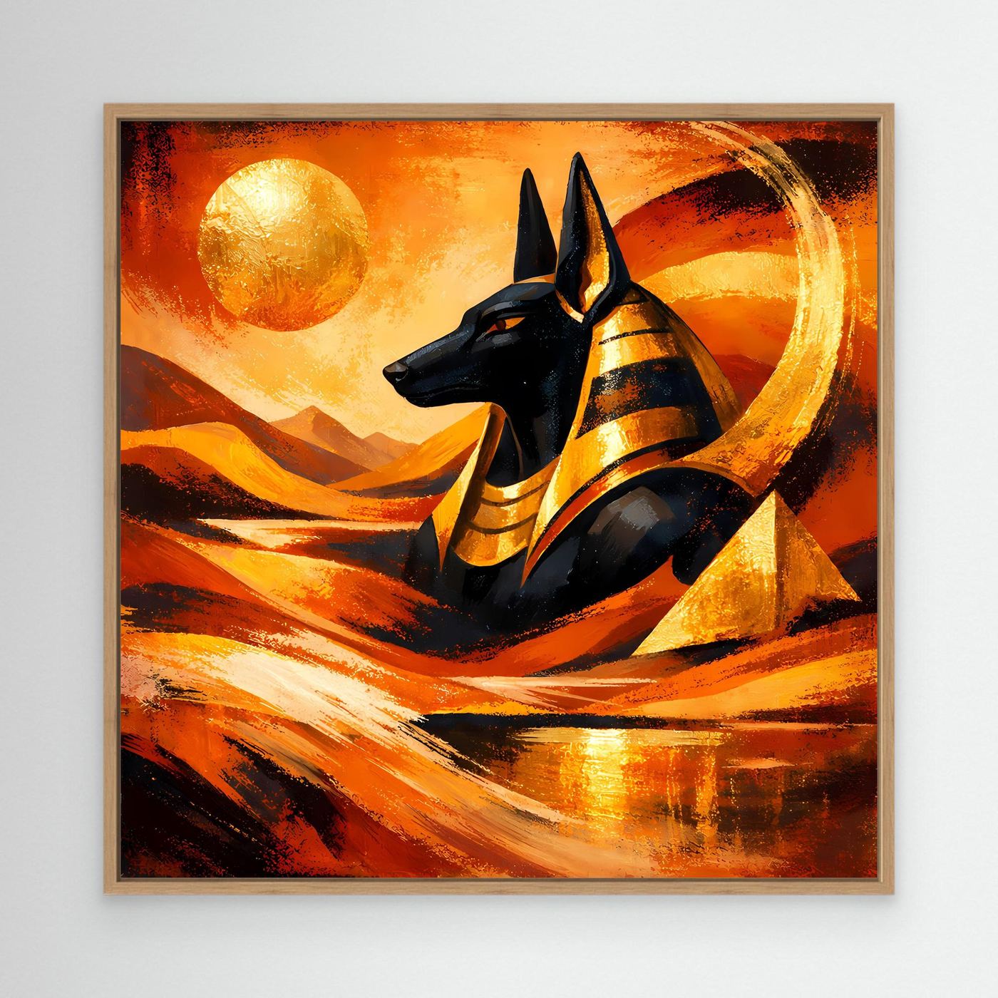 Leinwandbild mit schwarzem Anubis im Wüstenstil, mit Eichenrahmen, Gold und Orange