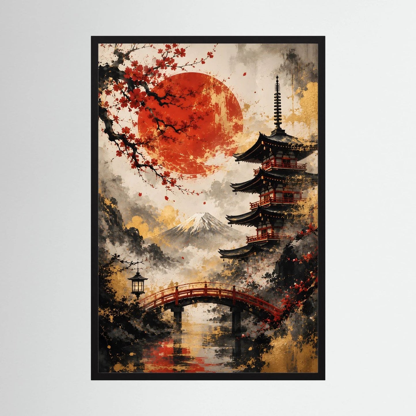 Wandbild mit Pagode, roter Sonne und Kirschblüten an Flussbrücke im schwarzen Rahmen
