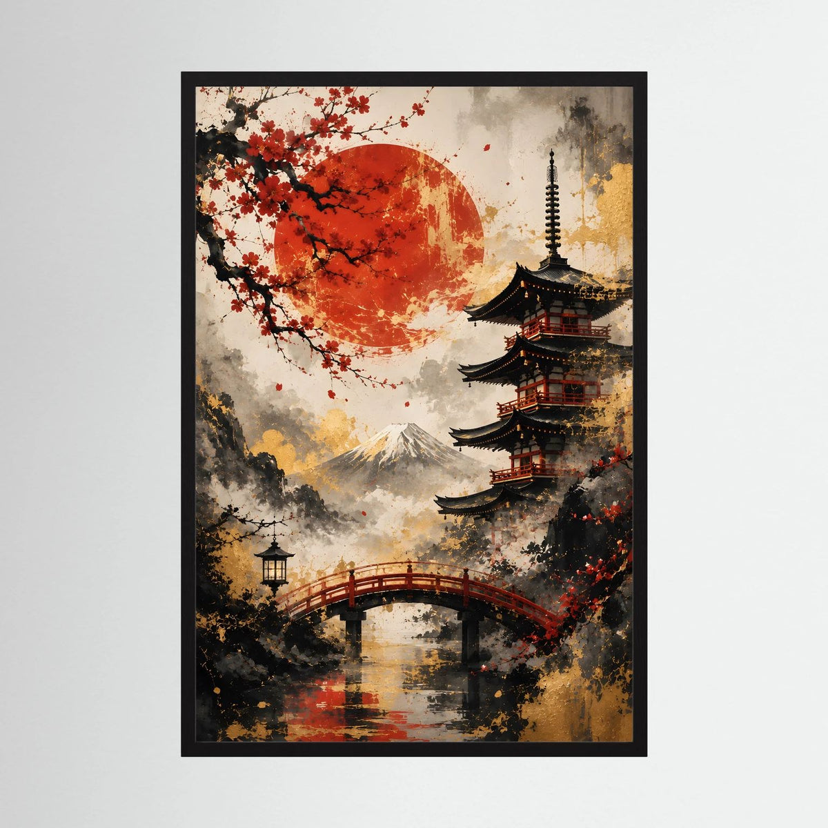 Wandbild mit Pagode, roter Sonne und Kirschblüten an Flussbrücke im schwarzen Rahmen