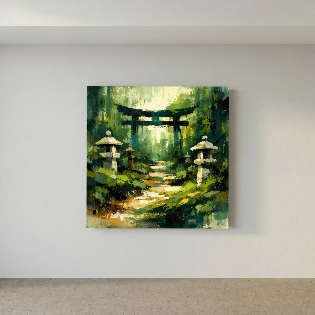 Leinwandbild mit Torii-Tor und Waldpfad in Grüntönen, links und rechts Steinlaternen