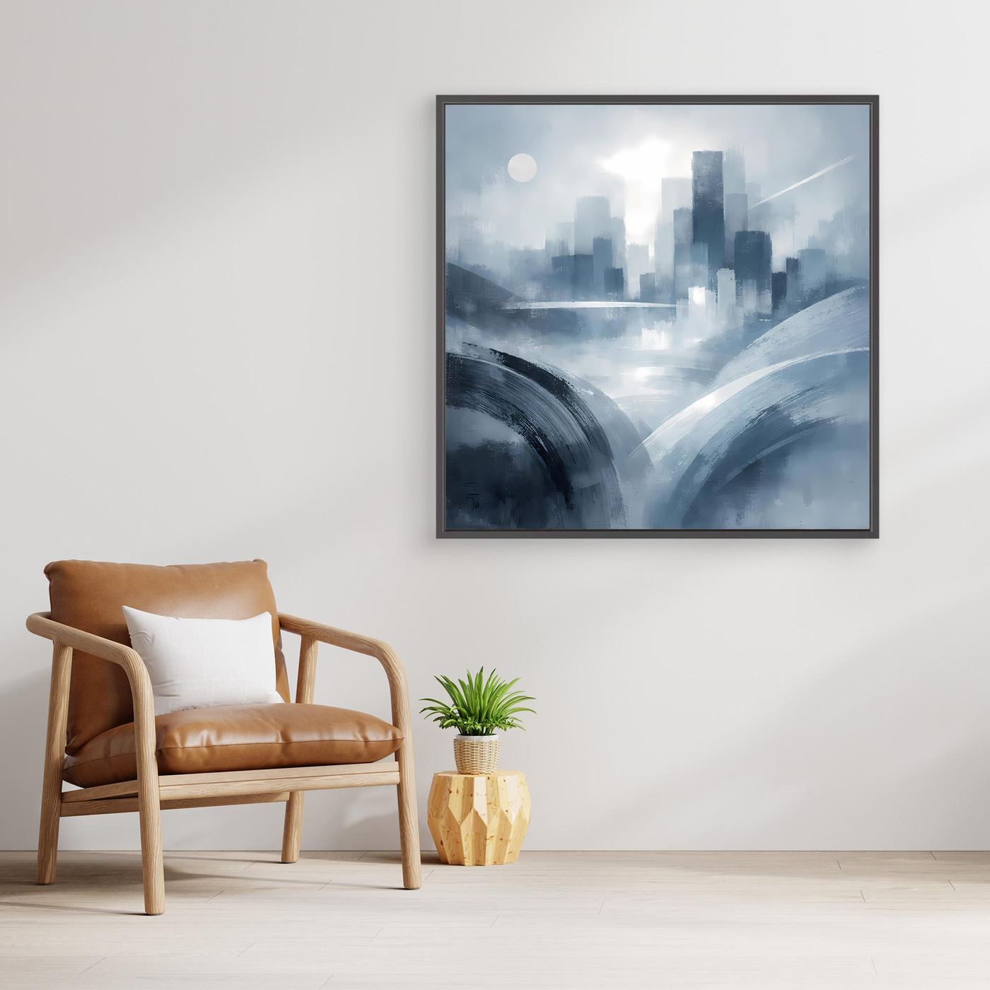 Leinwandbild mit abstrakter Skyline in Blau-Grau im dunklen Rahmen
