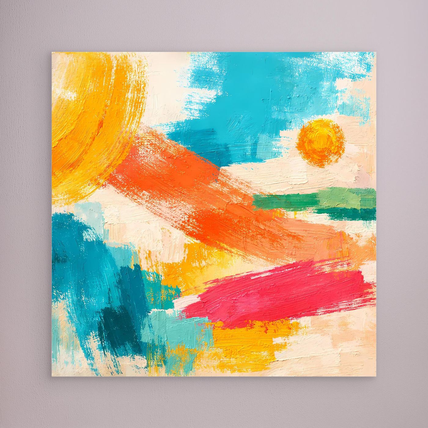 Abstract canvas wall art with blue, orange, red and yellow brushstrokes, no visible frame
