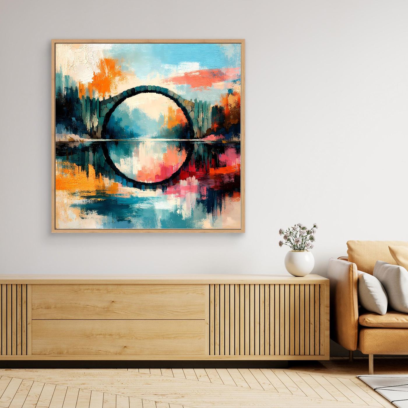 Premium Leinwand Mystische Kreisbrücke im Wasser | Abstraktes Natur Wandbild farbenfroh