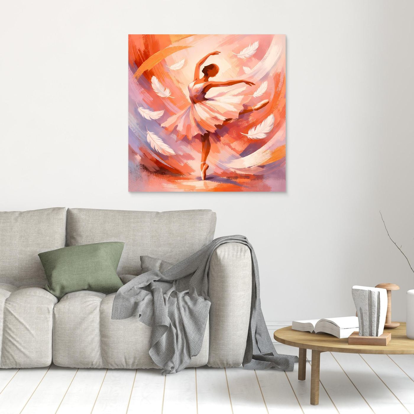 Leinwandbild mit abstrakter Ballerina in warmen Orange- und Rosatönen, hell eingefasst
