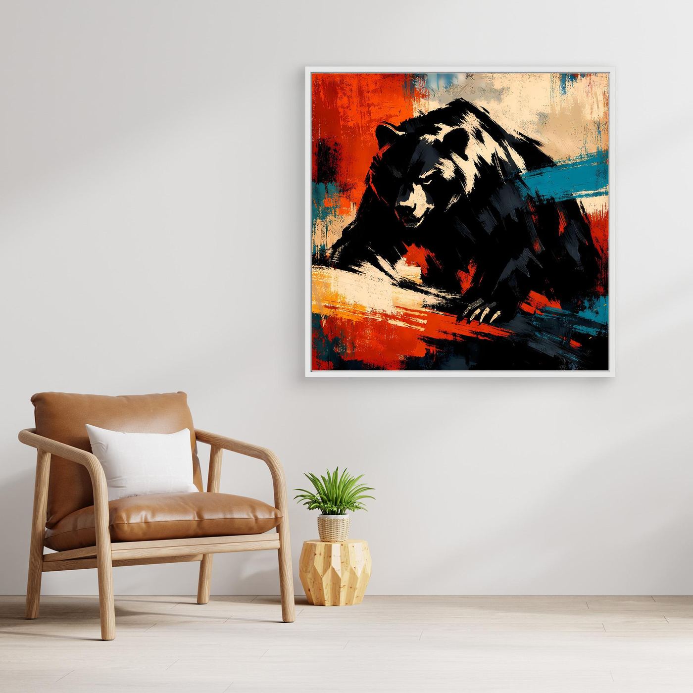 Abstraktes Leinwand-Wandbild mit Grizzlybär-Porträt in kräftigen Kontrastfarben, schwarz, rot, blau