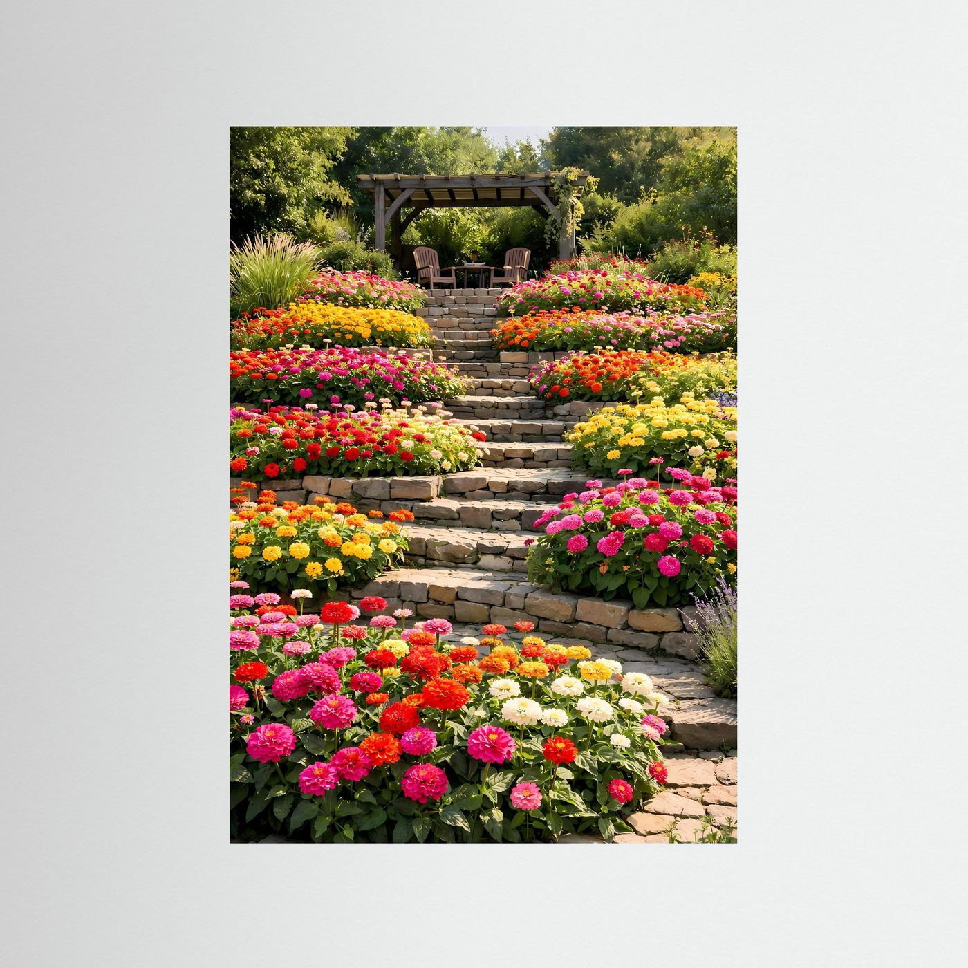 Hochkant-Garten-Poster mit bunten Blumenbeeten und Steintreppe zur Pergola