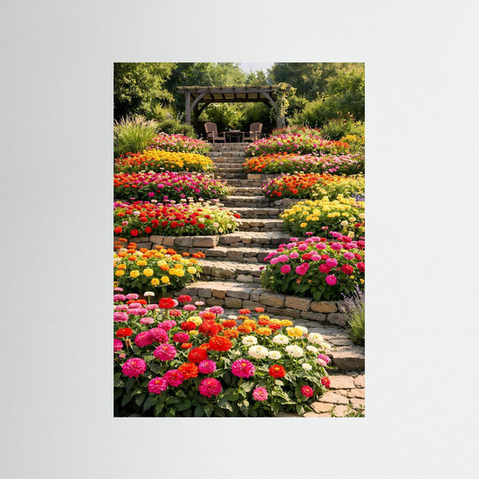 Hochkant-Garten-Poster mit bunten Blumenbeeten und Steintreppe zur Pergola