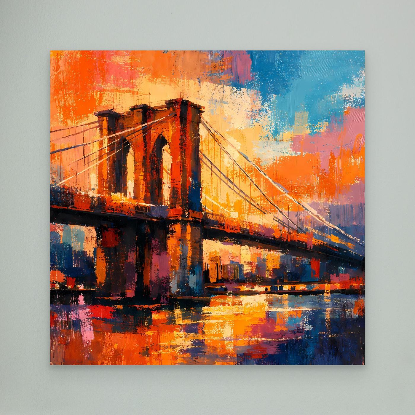 Leinwandbild mit Brückenmotiv, orange-blauer Farbverlauf, ohne Rahmen