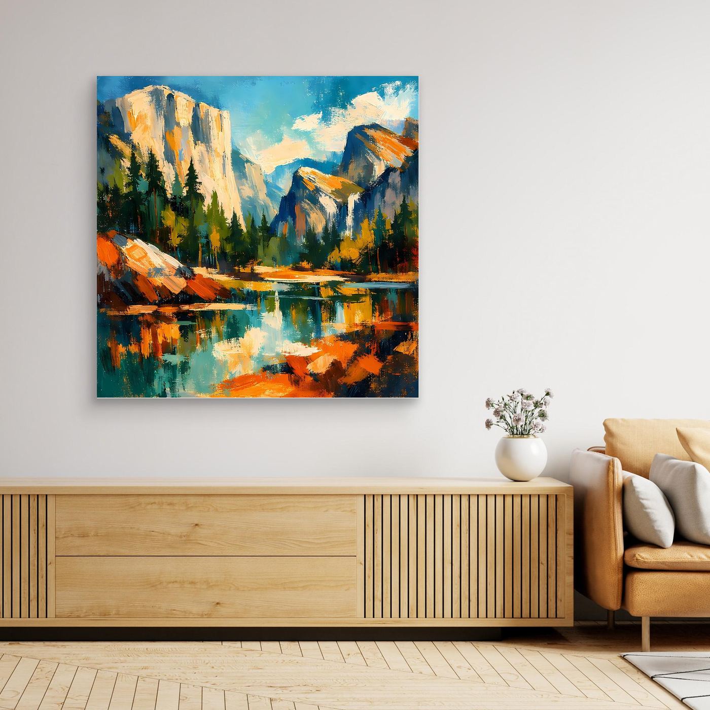 Leinwandbild mit Berglandschaft und See, abstrakte Reflexionen, mit hellem Holzrahmen
