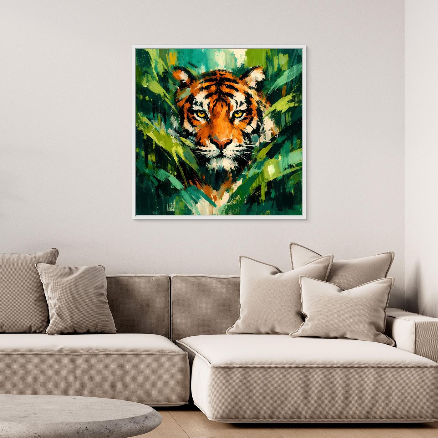 Leinwand Abstraktes Tiger Gemälde | Modernes Wandbild Raubkatze Dschungel Grün Orange