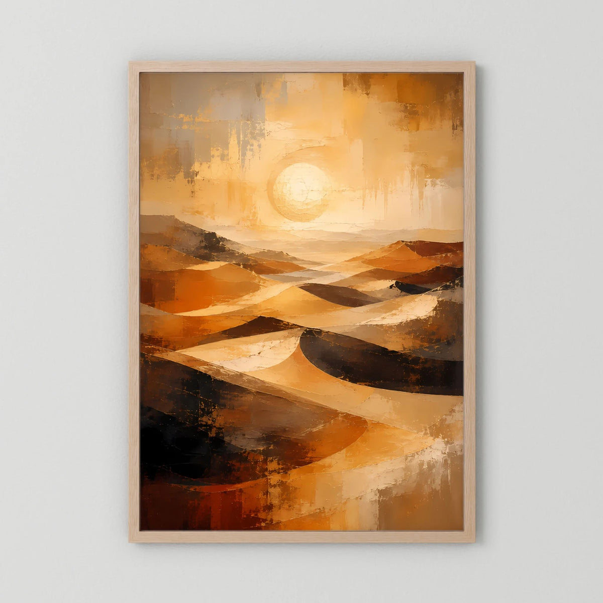 Abstraktes Wüstenlandschafts-Poster mit hellem Holzrahmen, Gold-Orange, Hochformat