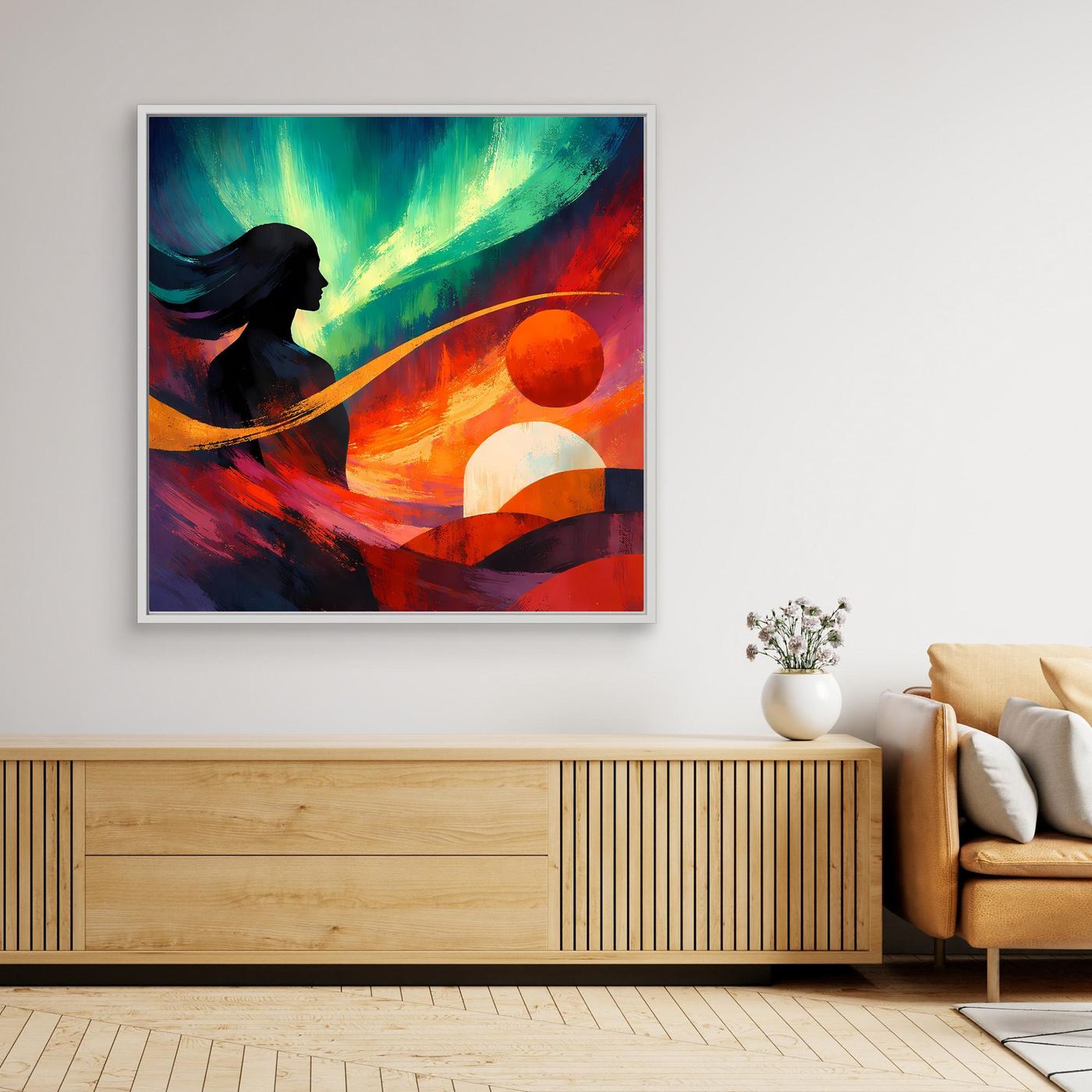 Gerahmtes Leinwandbild mit abstraktem Polarlicht in Grün, Orange und Rot (dunkler Rahmen)