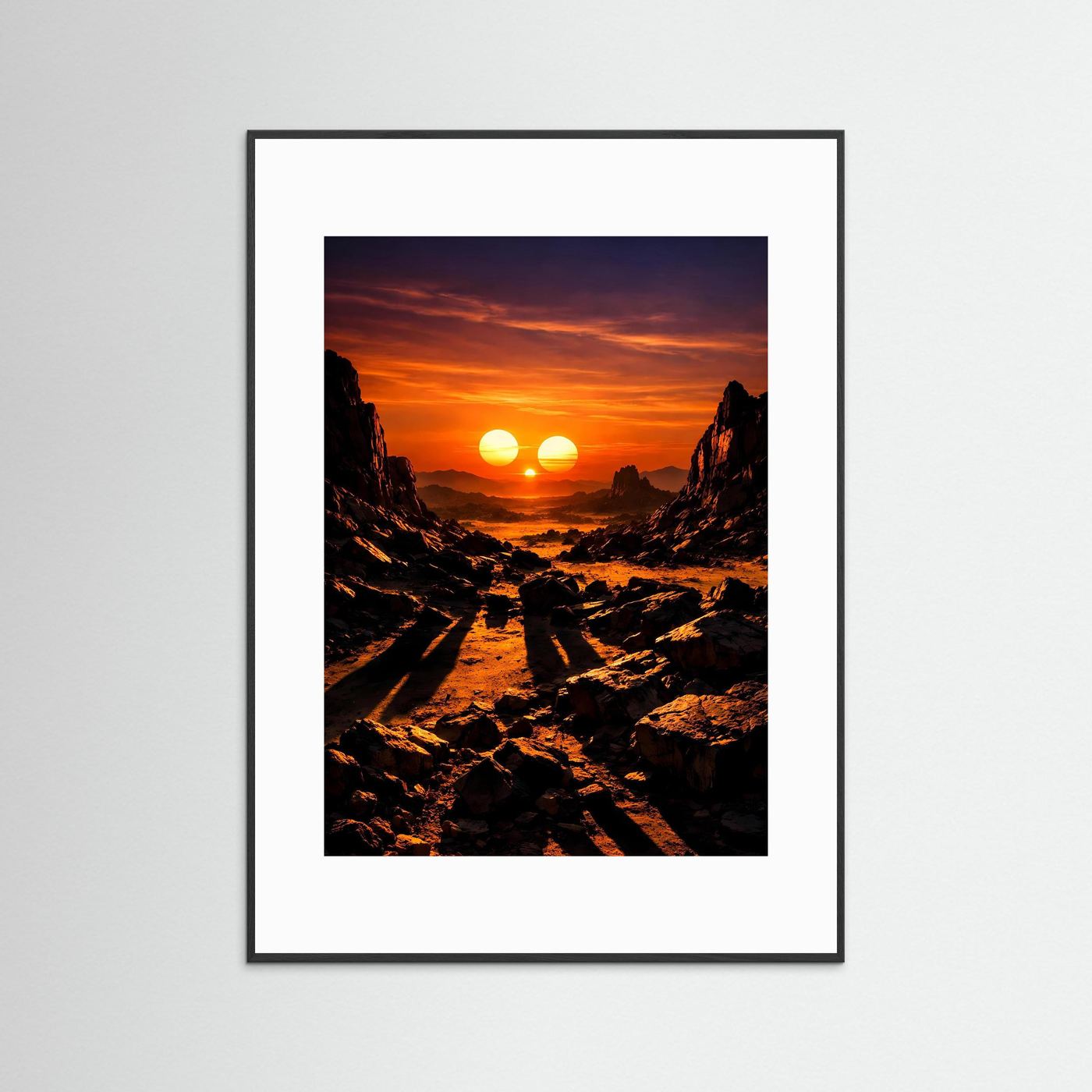 Science-Fiction-Poster mit drei Sonnen über Schlucht, schwarzer Rahmen und weißes Passepartout