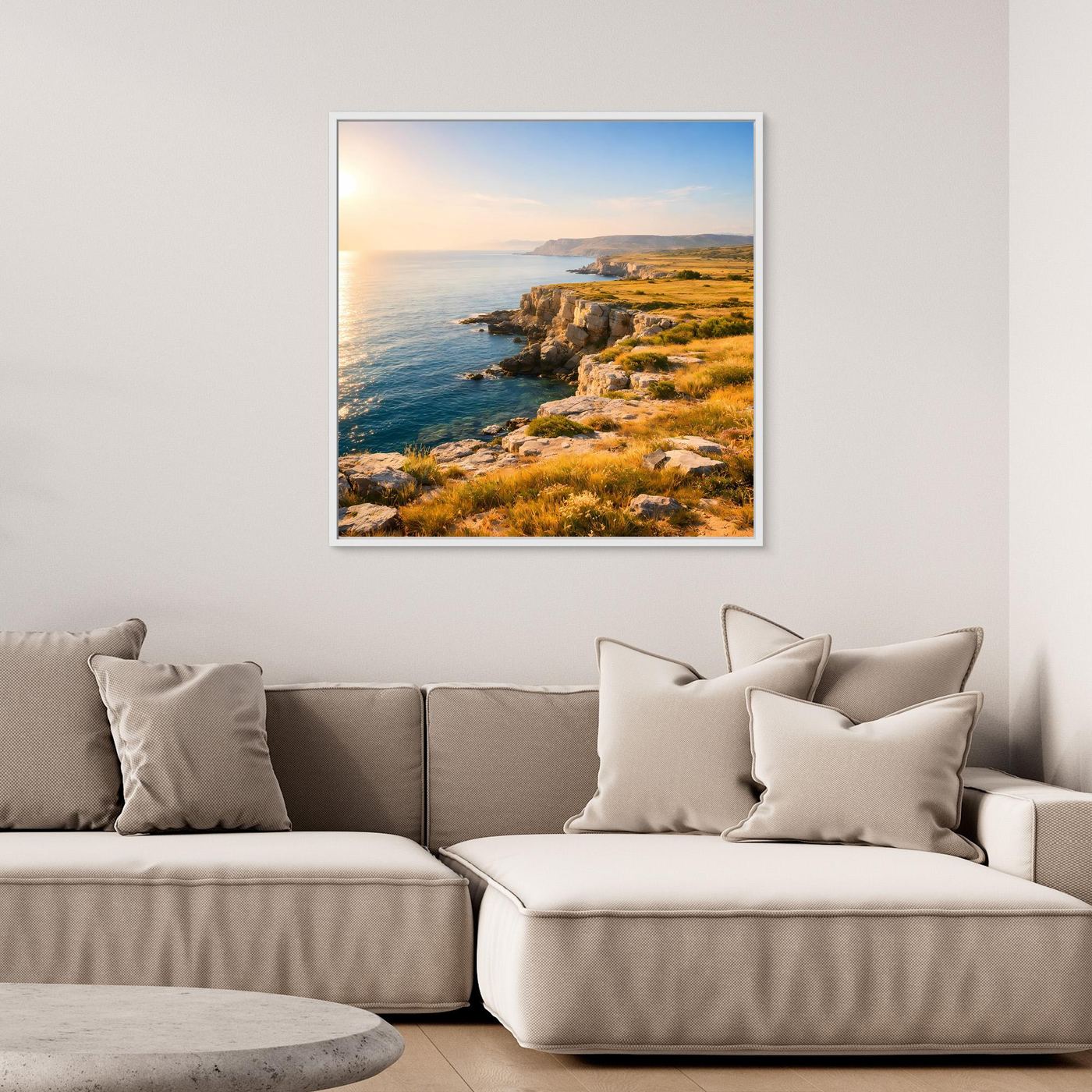 Gerahmtes Leinwandbild Steilküste am Meer mit weißem Rahmen, Sonnenaufgang