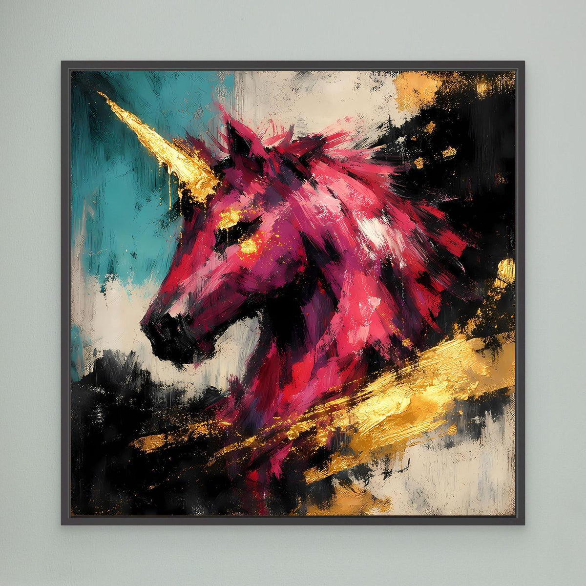 Leinwand-Einhornbild mit pinkem Einhorn und goldenen Akzenten, türkis-schwarz, schwarz gerahmt