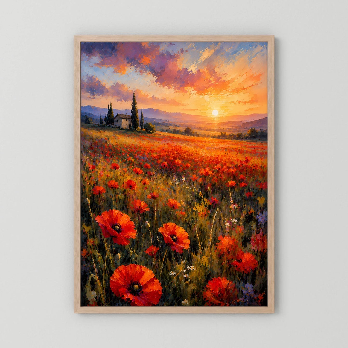 Poster im Hochformat mit Holzrahmen, Mohnblumenfeld im Sonnenuntergang