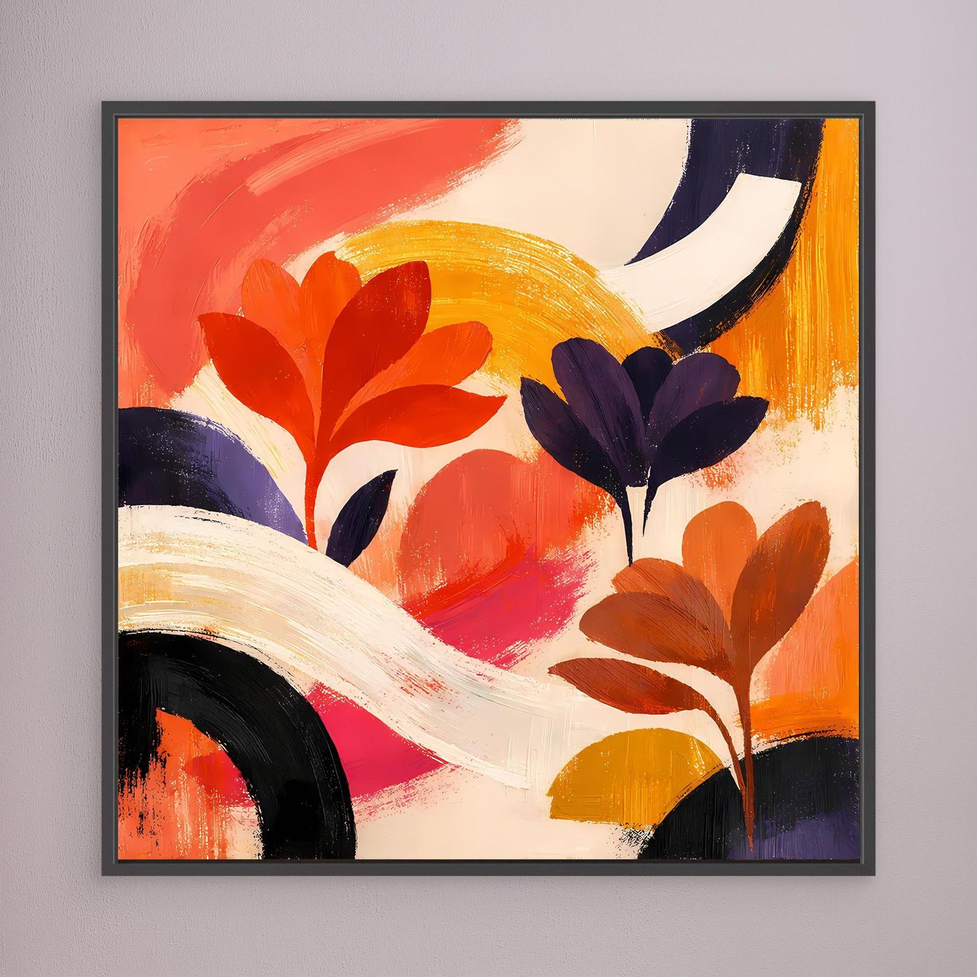 Leinwandbild mit warmen Blüten, dunkler Rahmen