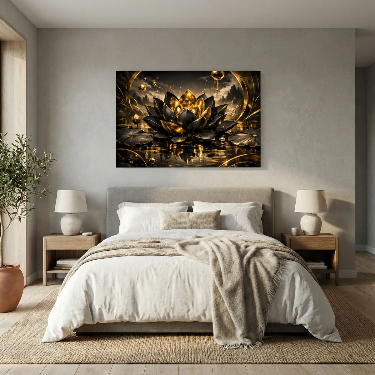 Wandbild im Querformat mit schwarzer Lotusblüte und goldenem Schimmer über Wasser