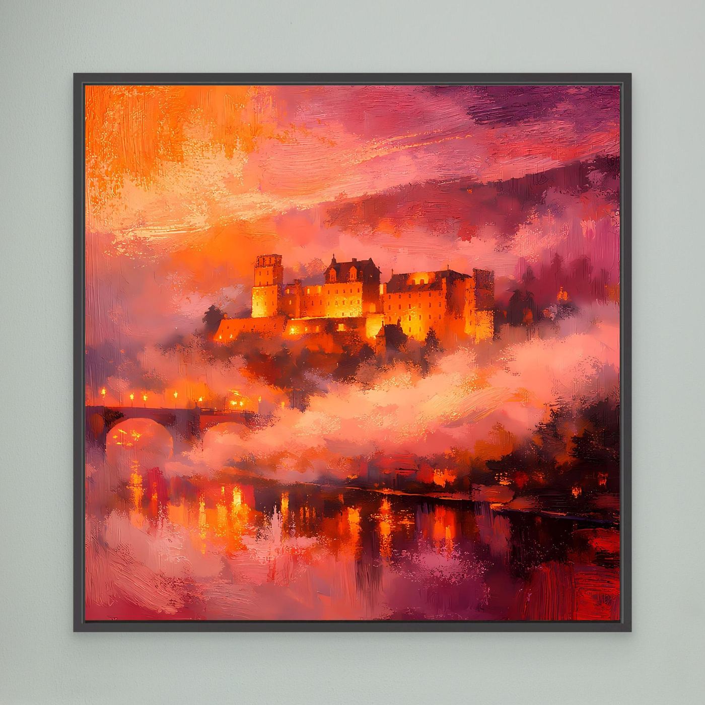 Premium Leinwand Imposantes Schloss im Abendrot | Abstraktes Castle Wandbild in feurigen Farben