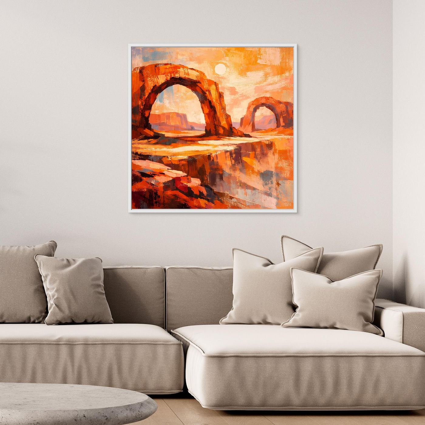 Quadratisches Leinwand-Wandbild mit zwei dunklen Bogenportalen über reflektierender Landschaft.