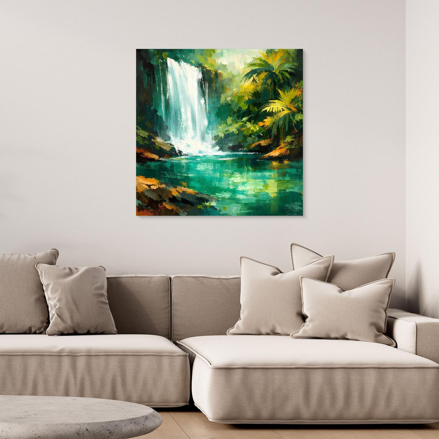Leinwand Abstraktes Dschungel Wandbild mit Wasserfall | Modernes Natur Kunstwerk Grün