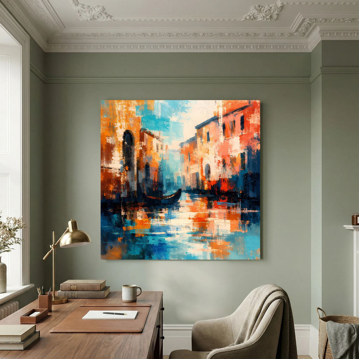 Abstraktes Leinwand-Wandbild mit Gondel im venezianischen Kanal, orange und blau