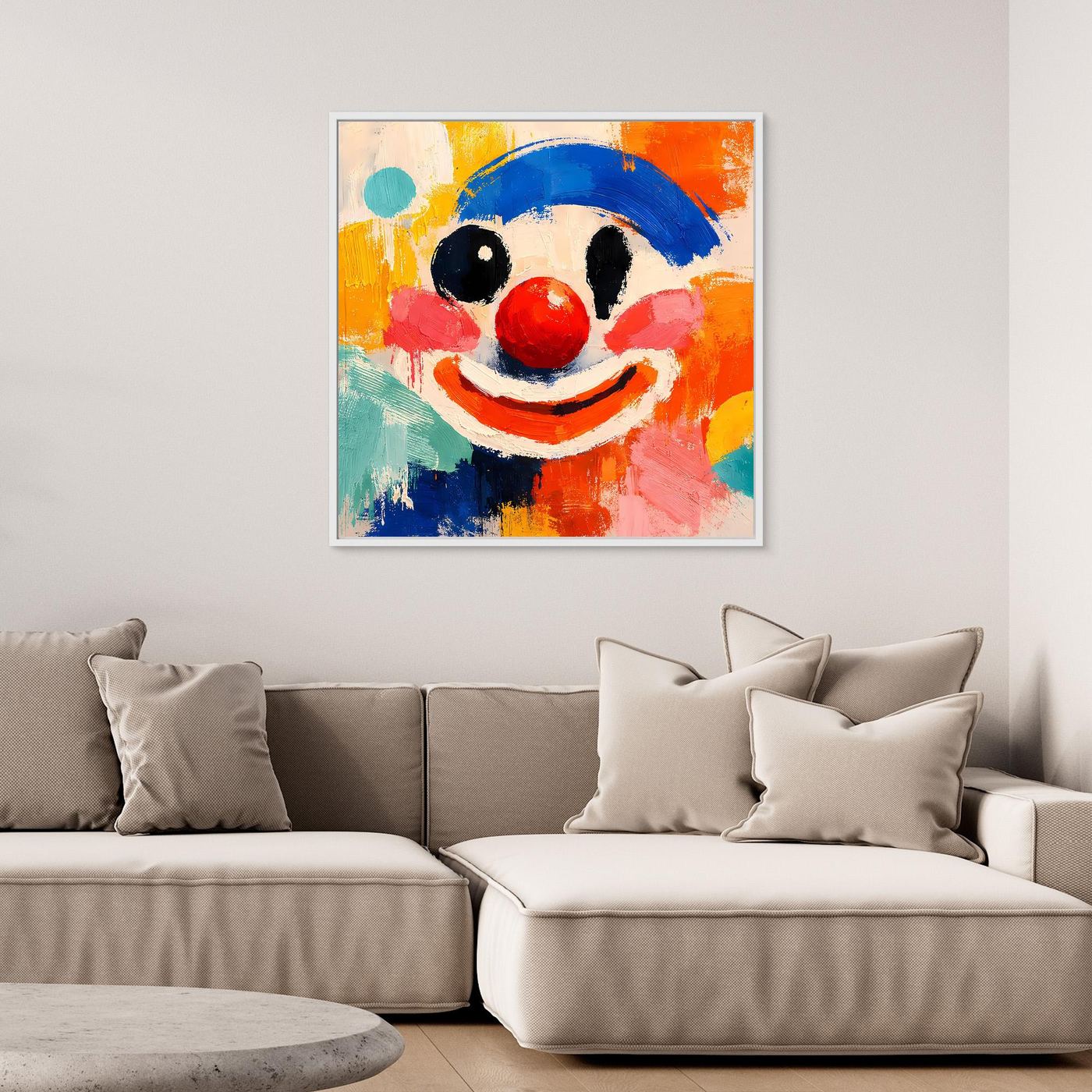 Abstraktes Leinwand-Wandbild mit Clown-Gesicht, bunte Farben, weißer Rahmen