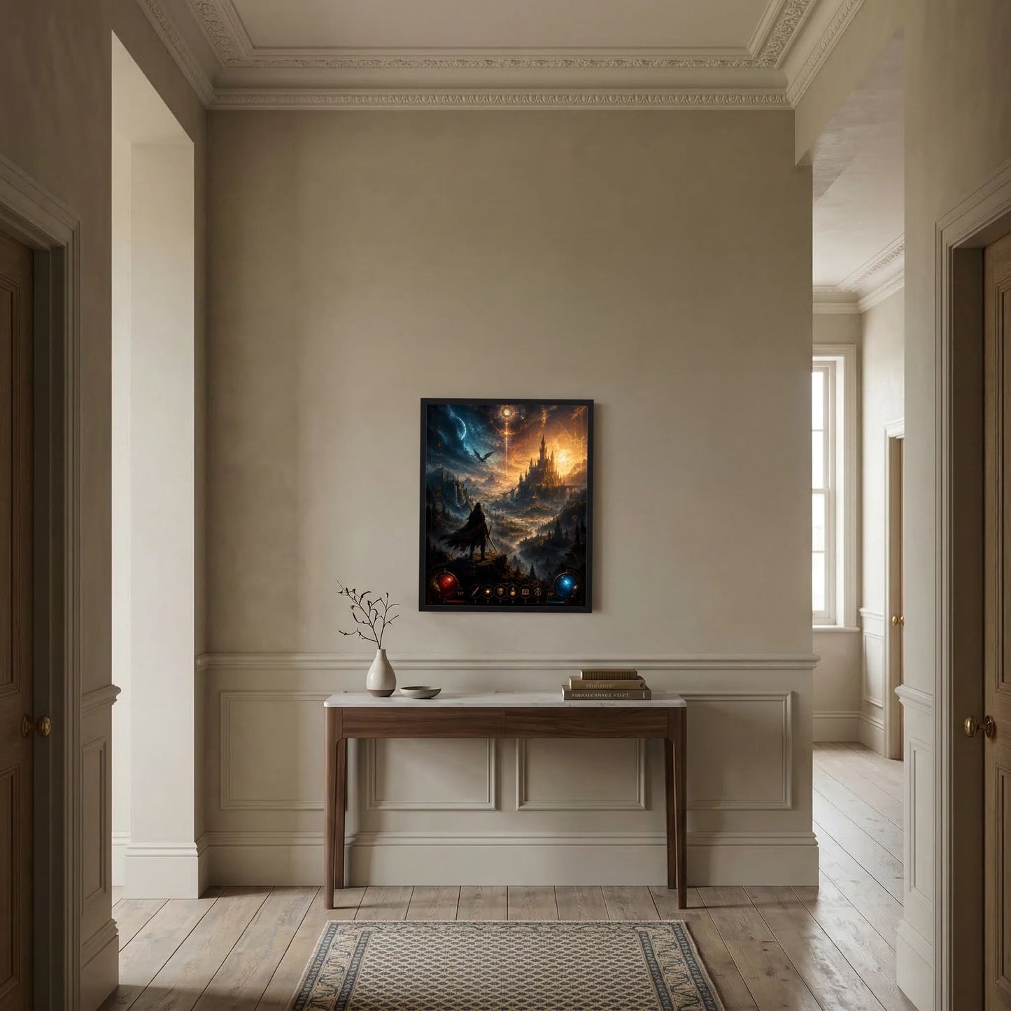 Kunstposter im Hochformat im schwarzen Rahmen mit Fantasy-Schloss, Krieger-Silhouette und Drachenhimmel