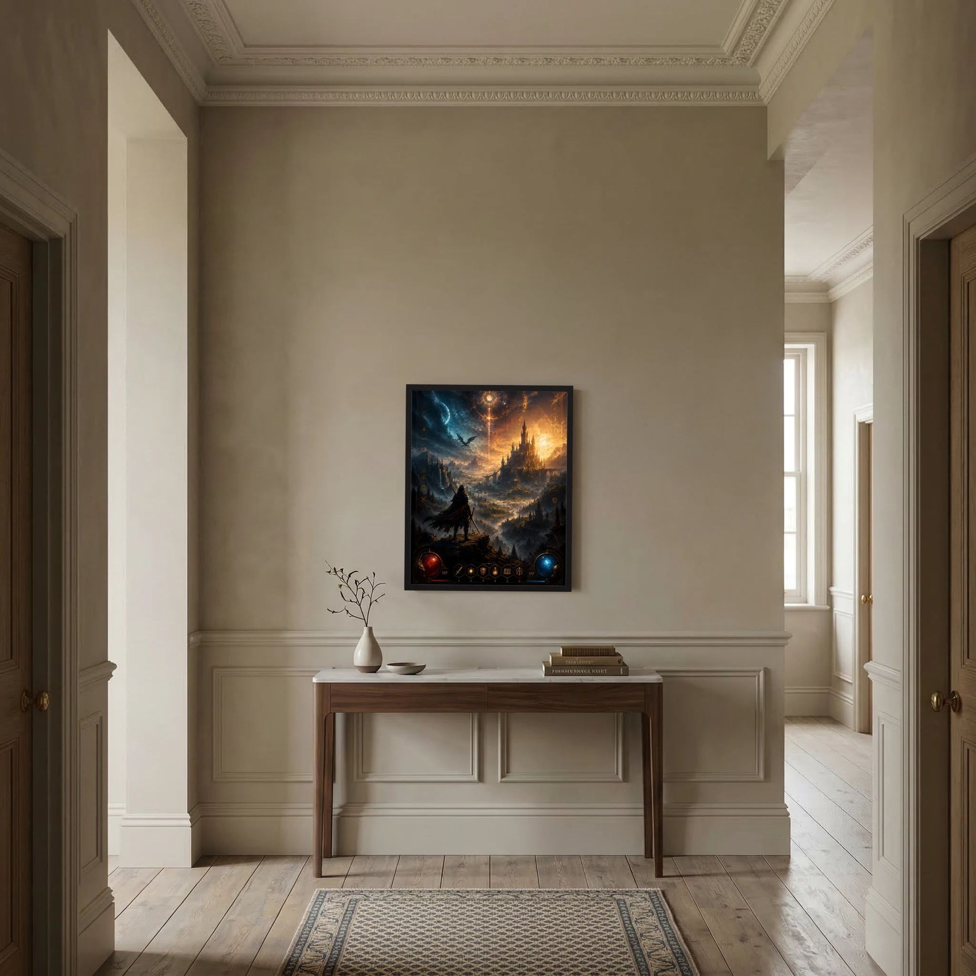 Kunstposter im Hochformat im schwarzen Rahmen mit Fantasy-Schloss, Krieger-Silhouette und Drachenhimmel