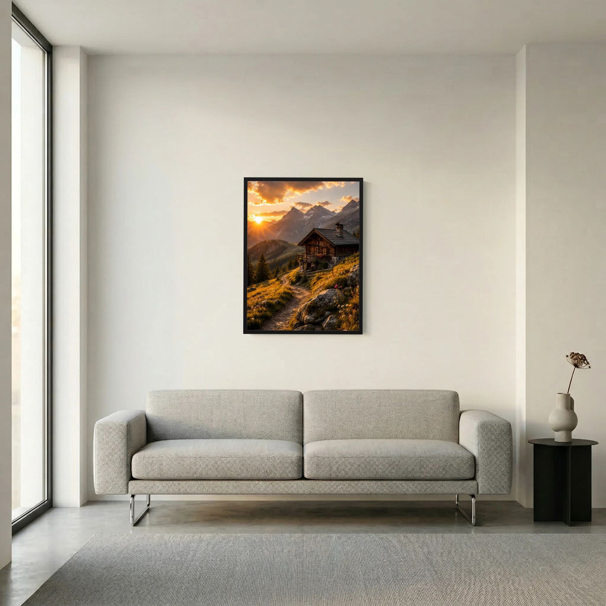 Hochformat-Poster mit schwarzem Rahmen, Alpenhütte im Sonnenuntergang, Berge und Sonnenlicht