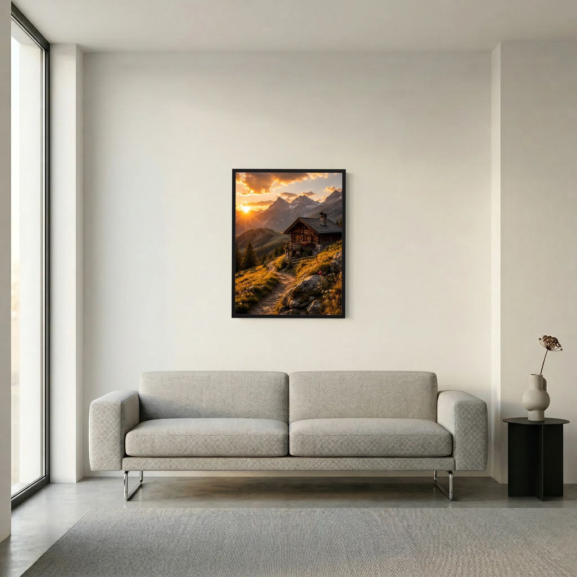 Hochformat-Poster mit schwarzem Rahmen, Alpenhütte im Sonnenuntergang, Berge und Sonnenlicht