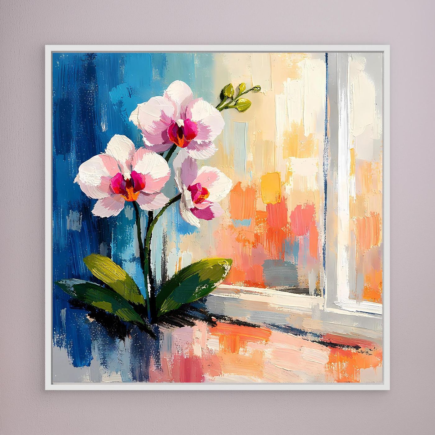 Leinwandbild mit weißen Orchideenblüten und Fensterlandschaft, silberner Rahmen