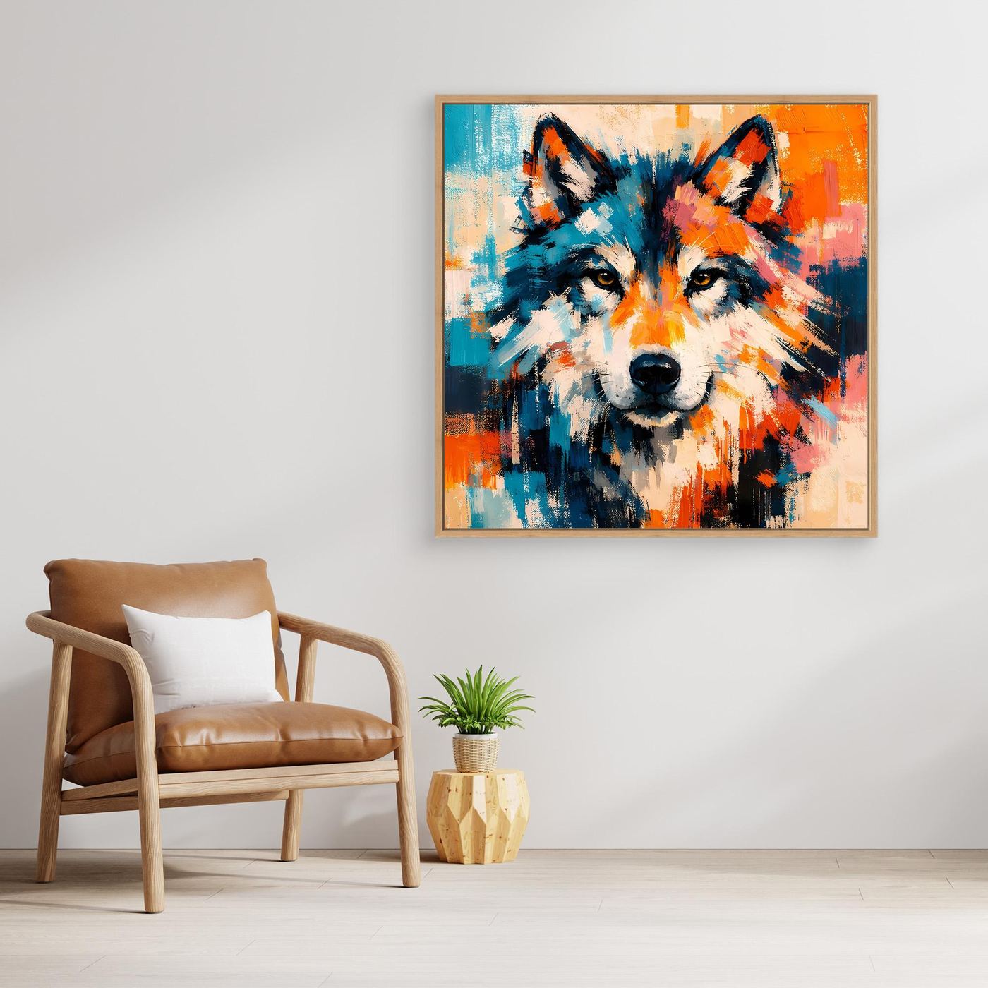 Wood-framed abstract wolf portrait canvas with blue and orange expressive strokes