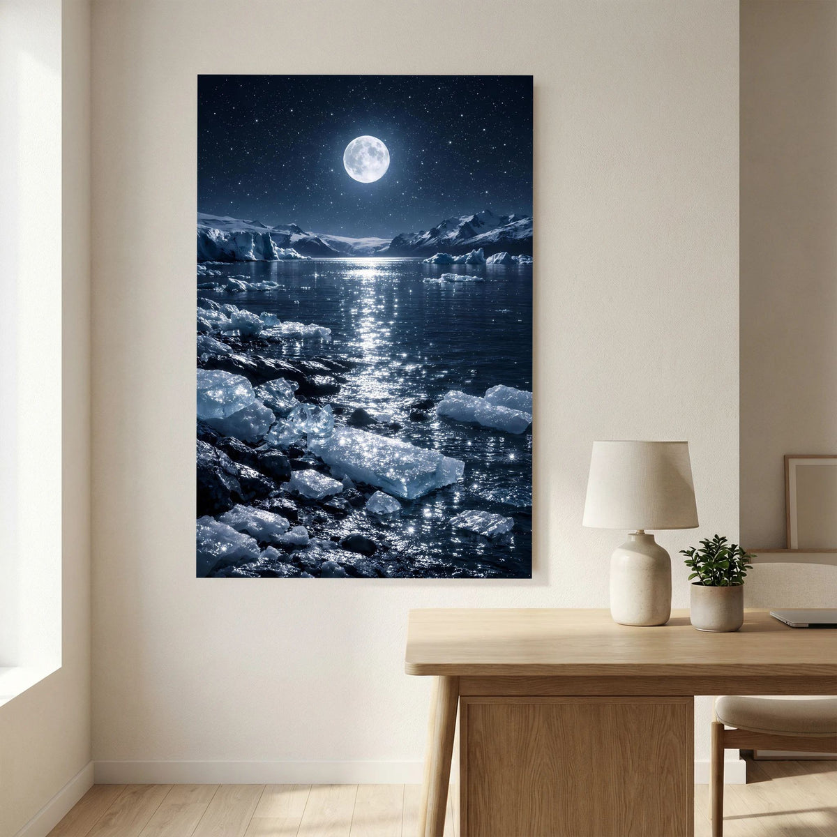 Hochformatiges Wandbild: Vollmond über Wasserfläche und Eisschollen