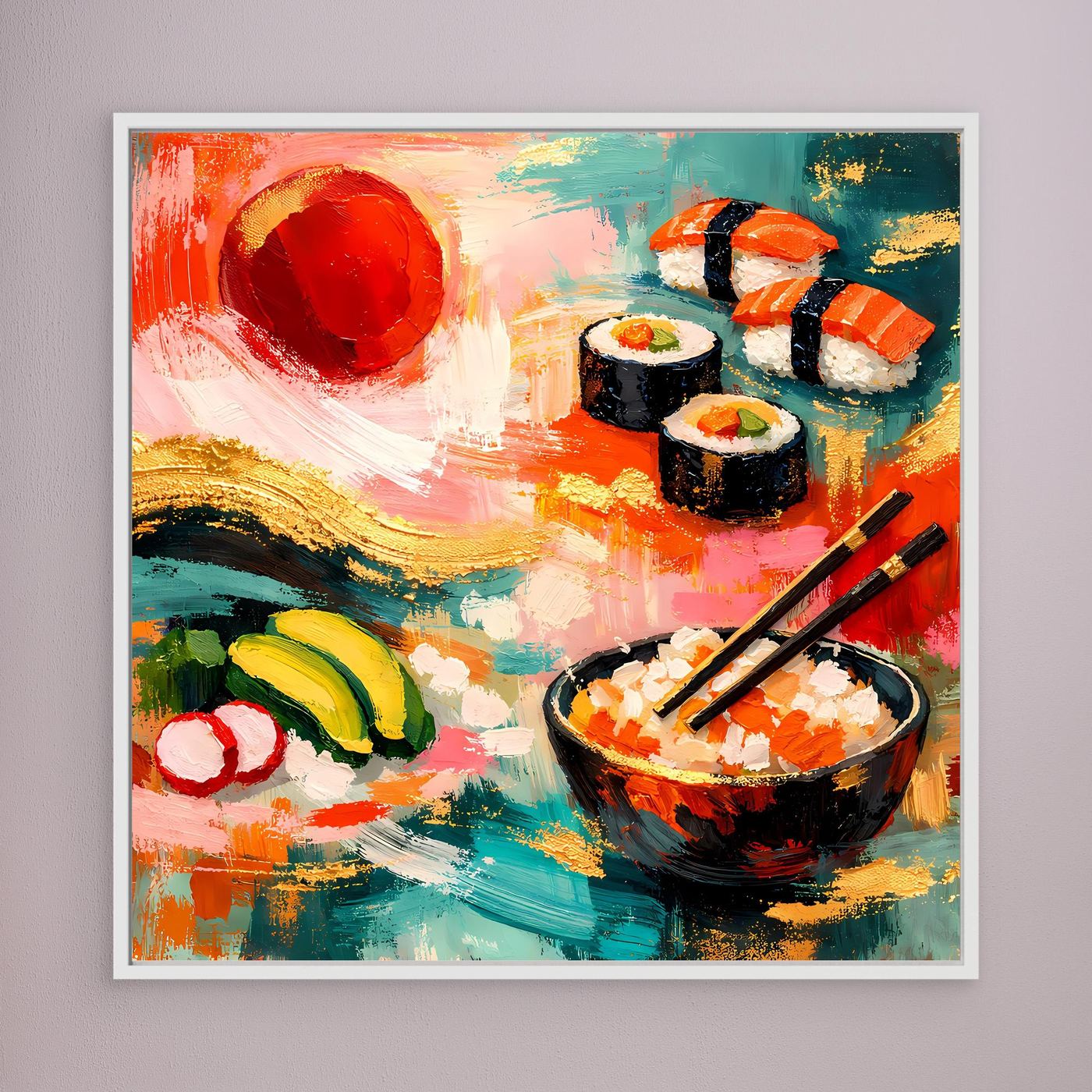 Leinwandbild mit Sushi-Motiv: Schüssel mit Löffel, Sushirollen, Stäbchen und bunte Farben