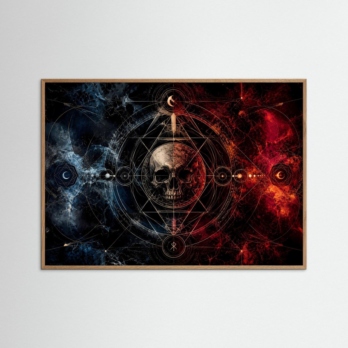Querformat-Poster mit Totenkopf und roter/blauer Geometrie, goldbrauner Holzrahmen