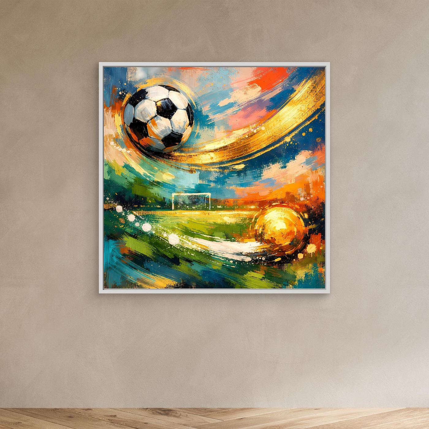 Abstraktes Leinwandbild mit Fußball und Lichtbogen, weiße Umrandung, farbige Pinselstriche