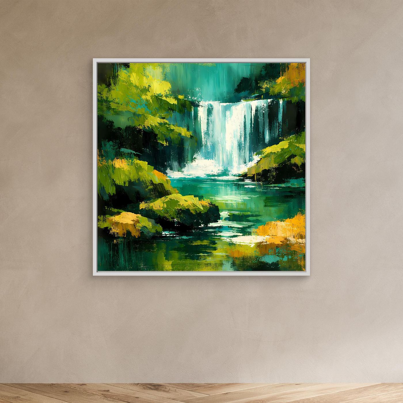 Abstraktes Wandbild mit Dschungel-Wasserfall in Grün, Gelb und Türkis, weißer Rahmen