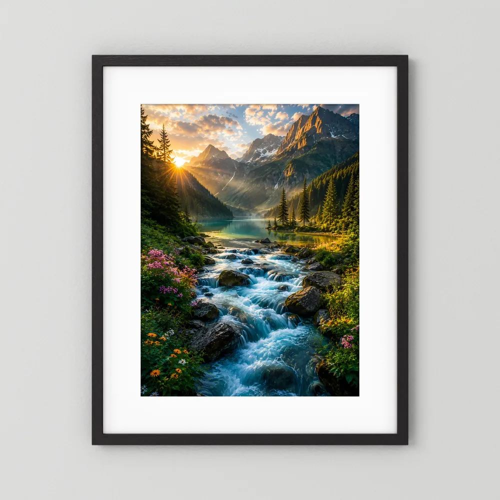 Hochformat-Poster im dunklen Rahmen mit Gebirgsbach, Bergen und Sonnenaufgang
