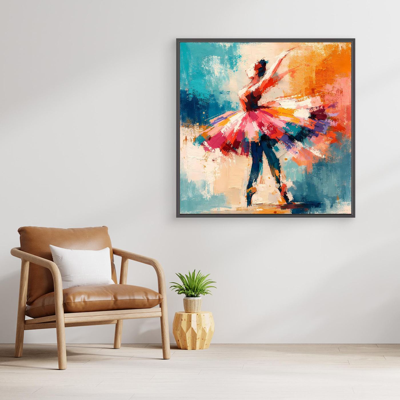 Abstract ballerina canvas wall art with dark frame, multicolor tutu and blue orange tones