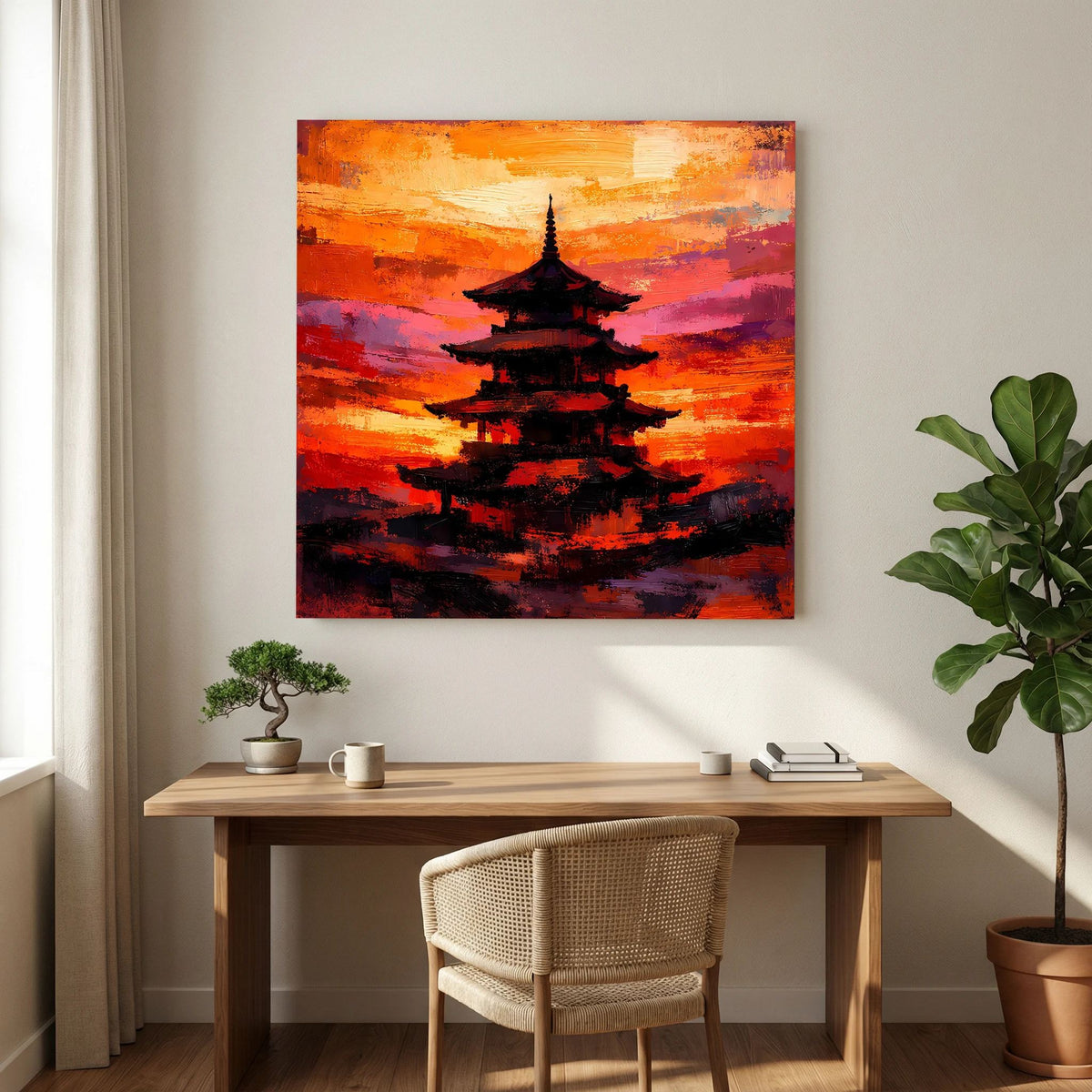 Japanisches Pagoden-Leinwandbild: dunkle Tempelsilhouette vor orange-pinkem Sonnenuntergang