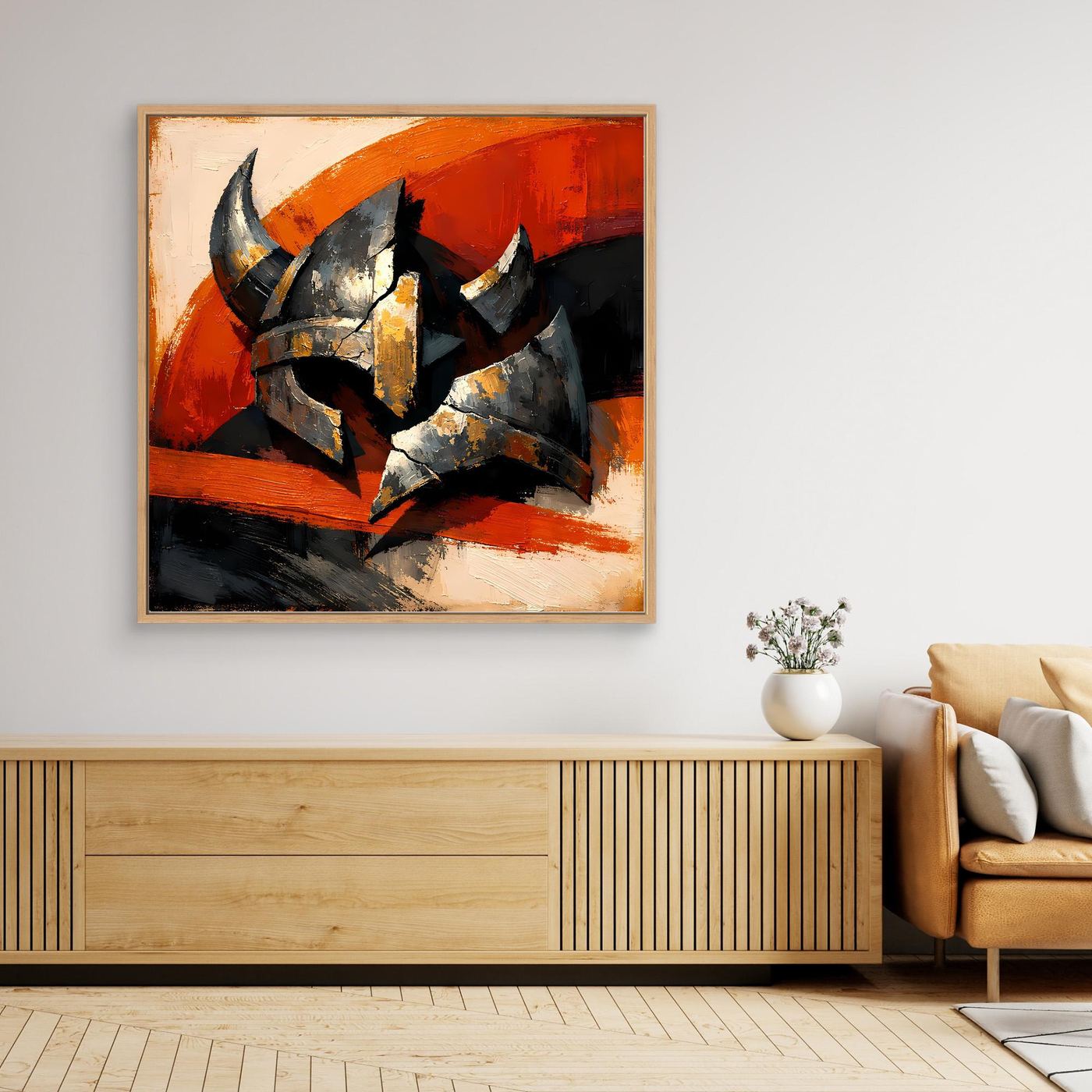 Leinwandbild Wikingerhelm mit Rottönen und dunklem Helm, Holzrahmen