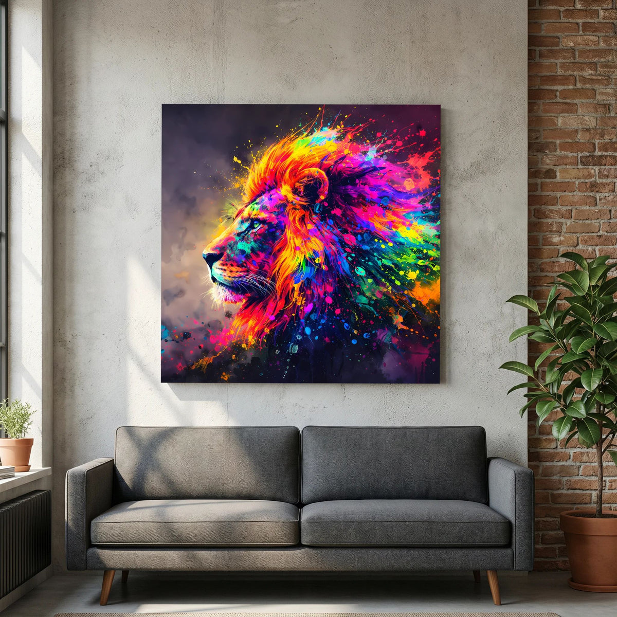 Quadratisches Leinwandbild auf Keilrahmen: Löwenporträt im Pop-Art-Stil mit Regenbogen-Farben.