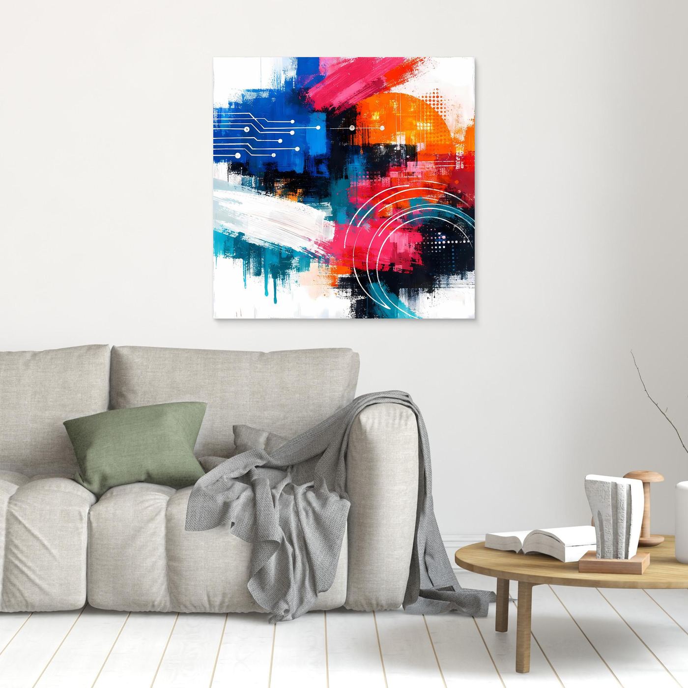 Abstract canvas wall art with blue and orange digital blocks, circuit lines, and red arc rings; small white frame