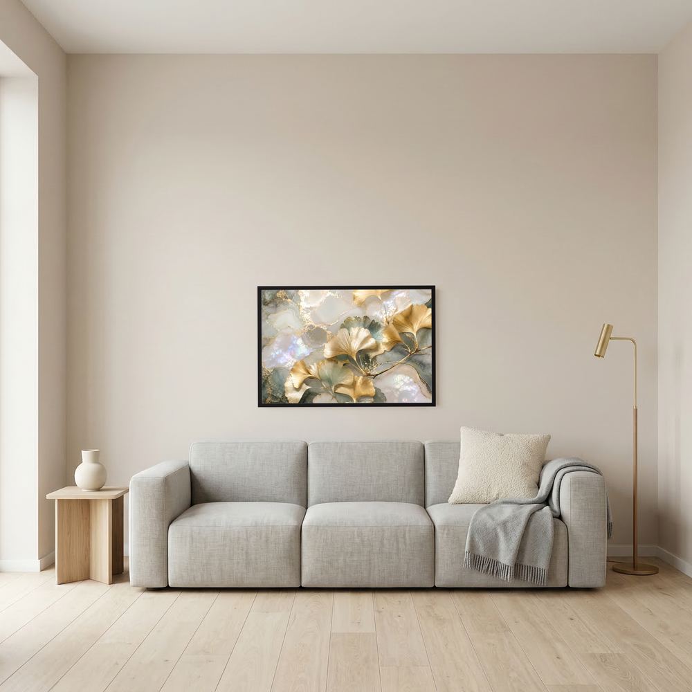 Gerahmtes botanisches Ginkgo-Poster mit goldenen Blättern und perlmuttartigem Glanz, klein