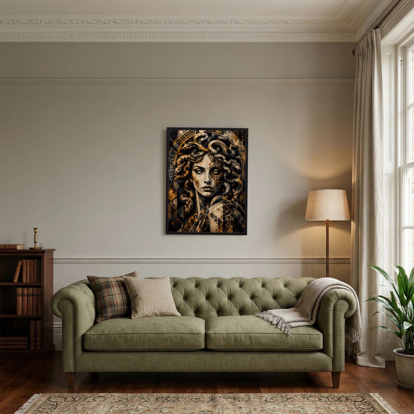 Wandposter mit Medusa-Gesicht, gold-schwarzes Mosaik, Schlangen umlocken die Haare